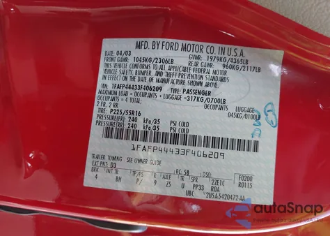 2003 Ford Mustang from USA, damaged, VIN 1FAFP44433F406209